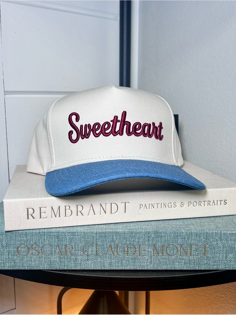 Sweetheart Embroidered Trucker Hat - Cream and Blue